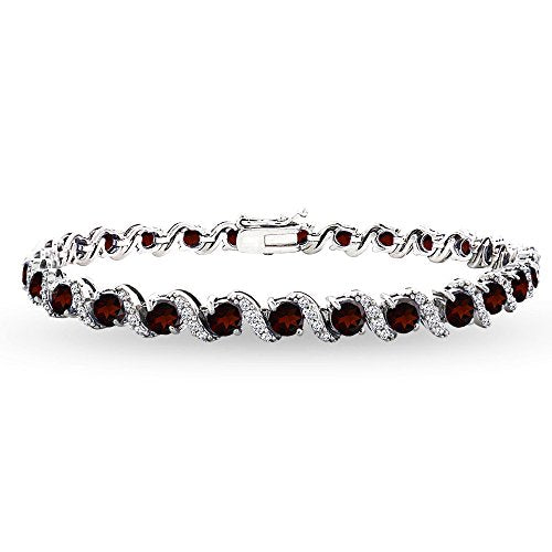 B. BRILLIANT Sterling Silver Genuine, Created or Simulated Gemstone Round S Design Tennis Bracelet for Women - color: Garnet - Sterling Silver