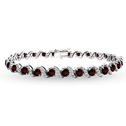 B. BRILLIANT Sterling Silver Genuine, Created or Simulated Gemstone Round S Design Tennis Bracelet for Women - color: Garnet - Sterling Silver