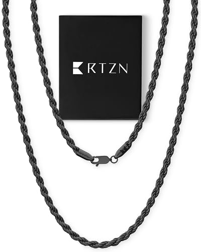 RTZN® Gold Rope Chain for Men – 3mm, 4mm Mens Rope Chain – Premium Stainless Steel Necklace for Men & Boys – Non-Tarnish & Waterproof Black, Silver, Gold Mens Chain Necklaces – 18/20/22/24/26" Inches - color: 3mm Black, size: 18" Inches
