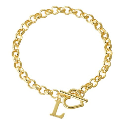 14K Gold Plated Stainless Steel A-Z Alphabet Letter Heart Bracelet | Non-Tarnish Dainty Charm with a Romantic Toggle Clasp Daily Fashion Jewelry, 7-inch Rolo Chain, Personalized Gift for Her - color: L