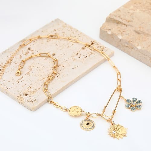 Charm Necklace for Women Gold Evil Eye Sun Moon Flower Coin Pendant Necklace Dainty Paperclip Chain Vintage Luck Amulet Choker Necklaces Celestial Jewelry Gift - style: Blue Flower, Sun