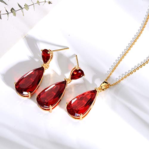 Wedding Jewelry Set for Bridesmaids - Sterling Silver Teardrop CZ Crystal Cubic Zirconia Rhinestone Diamond Bridal Necklace Earrings Set for Bride Mother of Bride Party Prom Birthstone Costume Jewelry - color: Jul-Ruby
