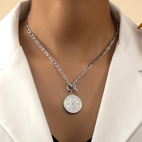Coin Necklace for Women Hip Hop Toggle Medallion Pendant Necklace Trend Silver Pressed Flower Necklace Charm Punk Statement Jewelry Gifts Gold Silver