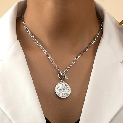 Coin Necklace for Women Hip Hop Toggle Medallion Pendant Necklace Trend Silver Pressed Flower Necklace Charm Punk Statement Jewelry Gifts Gold Silver