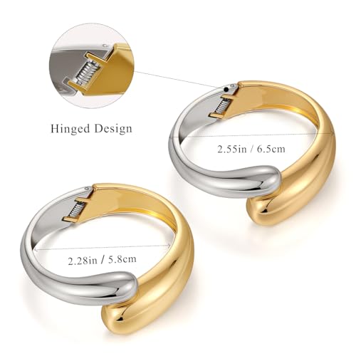 Emibele Cuff Bracelet Stack, 18K Gold-plated Open Bangle Bracelet, Teardrop Hinged Thick Wrist Chunky Bracelet Set for Women, Non Tarnish Jewelry Gift, 2 Pack - color: Gold Sliver