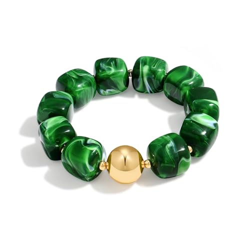 Multicolor Chunky Beaded Bracelet for Women Bold Acrylic Resin Stretch Bracelet Summer Beach Statement Bracelets Trendy Elastic Bangle Jewelry - color: Bead bracelet-dark green
