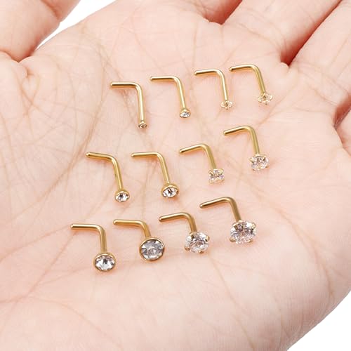 18G 20G 22G 24G Nose Rings Studs 316L Surgical Steel L Shaped Nose Nostril Studs Piercing Jewelry for Women Men Silver Gold Black CZ 1.5mm 2mm 2.5mm 3mm 3.5mm 4mm - style: Gold-20G(0.8mm)-7mm Bars-1.5mm 2mm 2.5mm 3mm 3.5mm 4mm CZ