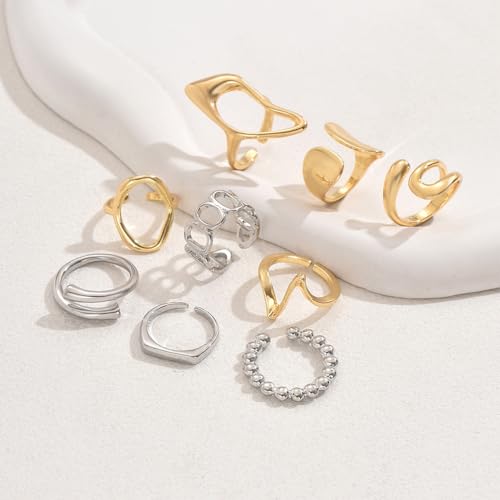 9Pcs Dainty Chunky Gold Knuckle Rings Set Stackable for Women, Statement Thick Hollow Oval Huggie Wavy Mixed Metal Joint Midi Finger Open Ring Pack Jewelry