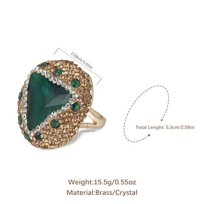 HZMAN Natural Stone Statement Ring for Women, Crystal Paved Bold Cocktail Ring, Adjustable Gold Tone Fashion Jewelry - color: Malachite Green