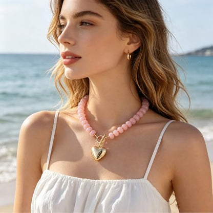 Chunky Heart Necklaces for Women Colorful Resin Beaded Necklaces for Women Gold Puffy Heart Statement Necklace Trendy Acrylic Choker Jewelry Gift - color: light pink