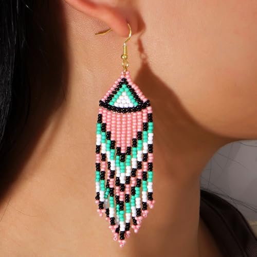 Bohemian Tassel Colorful Beaded Earrings For Women Trendy, Long Fringe Feather Drop Jewelry Handmade Gifts. - color: color5