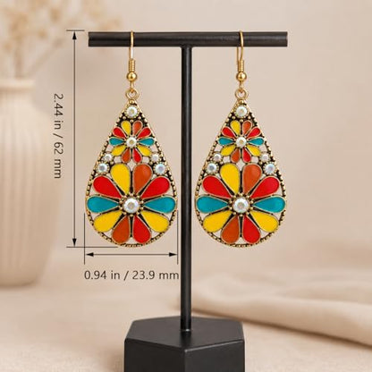 Colorful Green Teardrop Earrings for Women - Bohemian Style Enamel Dangle Earrings Lightweight Fashion Jewelry for Daily/Wedding/Party - color: Red