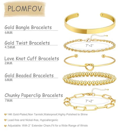 PLOMFOV Gold Bracelets for Women Stack Non Tarnish 14K Gold Plated Chunky Gold Bangles Bracelet Set Beaded Paperclip Chain Cuban Link Dainty Trendy Waterproof Stackable Cuff Bracelets Jewelry Gifts for Women - color: 5Pcs Gold-Bead Set