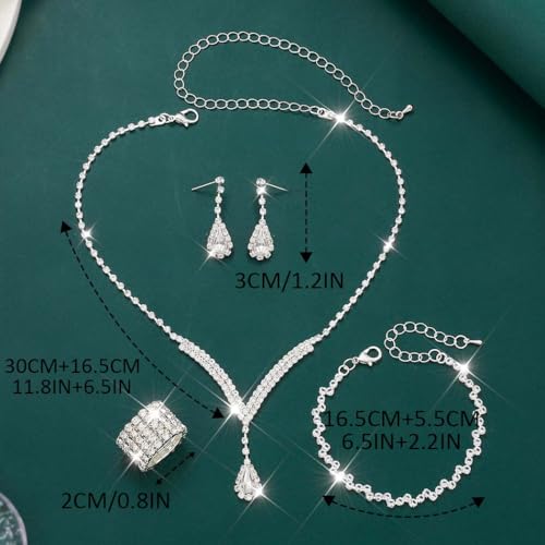Bridal Wedding Jewelry Set Silver Rhinestone Necklace Earrings Sets Formal Costume Jewelry for Women and Brides - color: C-4 Pack Silver Necklace Bracelet Rings Earrings
