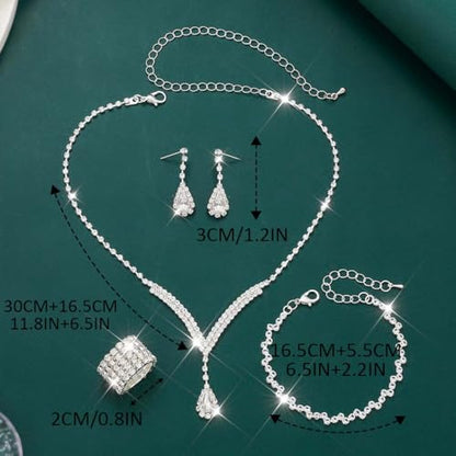 Bridal Wedding Jewelry Set Silver Rhinestone Necklace Earrings Sets Formal Costume Jewelry for Women and Brides - color: C-4 Pack Silver Necklace Bracelet Rings Earrings