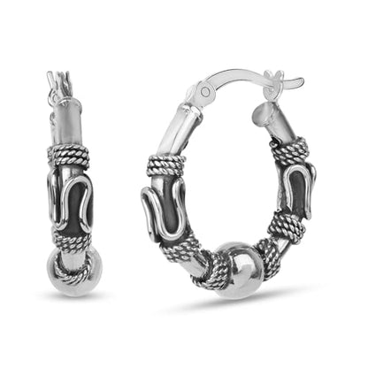 LeCalla 925 Sterling Silver Oxidized Balinese Hoops Earring Jewelry Small Antique Bali Beaded Hoop Earrings for Women - color: Bead Bali Design