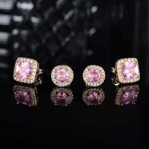 18K Gold Plated Halo Stud Earrings 925 Sterling Silver Cubic Zirconia Stud Earrings Round Square Diamonique Stud Earrings Set for Women Men - color: Gold&Pink