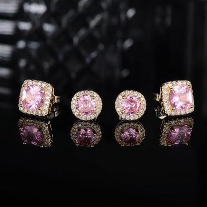 18K Gold Plated Halo Stud Earrings 925 Sterling Silver Cubic Zirconia Stud Earrings Round Square Diamonique Stud Earrings Set for Women Men - color: Gold&Pink