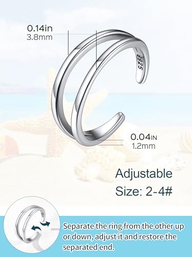 ChicSilver Toe Rings for Women 925 Sterling Silver Adjustable Toe Ring | 925 sterling silver, hypoallergenic for sensitive skin, adjustable open band, summer beach wear gift - color: D: Lines(1 pc)