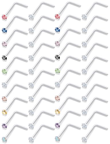 18G 20G 22G Round Cubic Zirconia Nose Rings Studs for Women Men 316L Stainless Surgical Steel Nose Ring Stud Piercing Jewelry Silver Clear CZ 1.5mm 2mm 3mm - style: 22G L Shaped Silver CZ 1.5mm