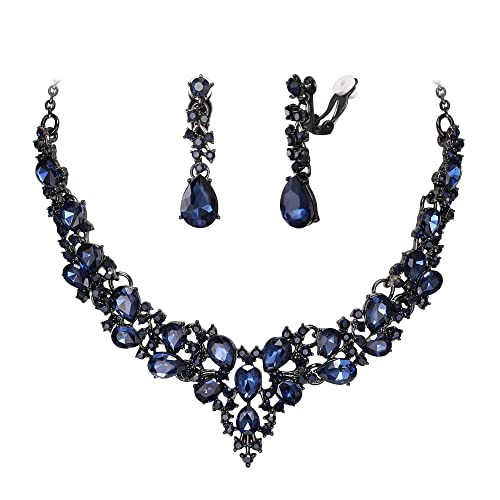 Wedding Statement Necklace Clip-on Earrings Jewelry Set | Sparkling Austrian Crystal Teardrop Cluster for Party Prom Accessories - color: 07-Sapphire Color Black-Tone