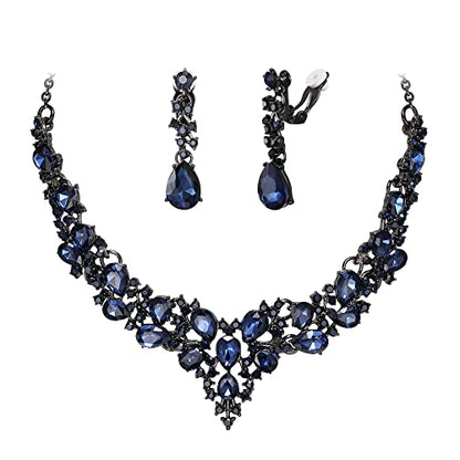 Wedding Statement Necklace Clip-on Earrings Jewelry Set | Sparkling Austrian Crystal Teardrop Cluster for Party Prom Accessories - color: 07-Sapphire Color Black-Tone