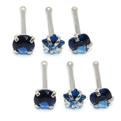 6-Piece Nose Piercing Studs Set, 20G Stainless Steel Nose Studs, 3mm Crystal Heart Star Round Shapes, 0.8x7mm Bone - color: Dark Blue