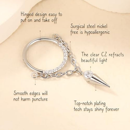 AROWRO Chain Septum Rings 316L Surgical Steel Septum Clicker Daith Piercing Jewelry Dangle Nose Rings for Women 16G 8/10mm Conch Cartilage Hoop Seamless Hinged Septum Jewelry with Clear CZ/Opal - color: Style-5-Silver cone dangle&Clear CZ, size: 16G-8mm