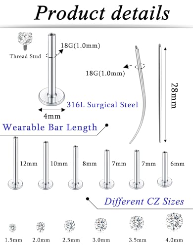 6Pairs 18K Gold Plated Internally Threaded Nose Piercing Studs Stainless Steel Lip Studs CZ Flat Back Stud Earrings Nostril Labret Conch Cartilage Earrings Helix Tragus 6/7/7/8/10/12mm 16G 18G - color: Silver, size: 18G