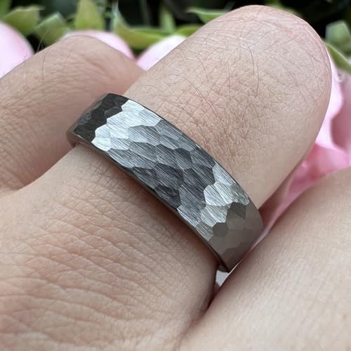 TUTISS 6mm 8mm Silver/Black/Gunmetal/Gold/Rose Gold Hammered Tungsten Rings for Men Women Couple Fashion Jewelry Engagement Wedding Bands Matte Finish Comfort Fit - color: 6mm Gunmetal Tungsten