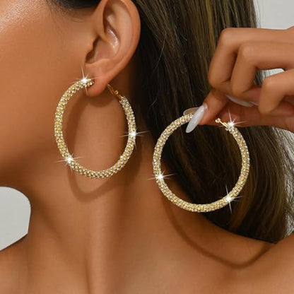Large Gold Rhinestone Hoop Earrings Silver Sparkly Big Hoop Earrings for Women Black Earring Bling Chunky Silver Hoops 60mm Trendy Statement Earring for Women Bling Hoop for Prom Wedding Party Chunky Jewelry - style: Gold-Plated Hoops 60mm