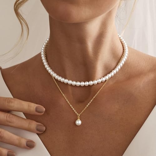 Gold Pearl Necklaces for Women - White Pearls Jewelry Gifts Wedding Bride Bridesmaid Jewelry - color: Gold-Layered Pearl Choker