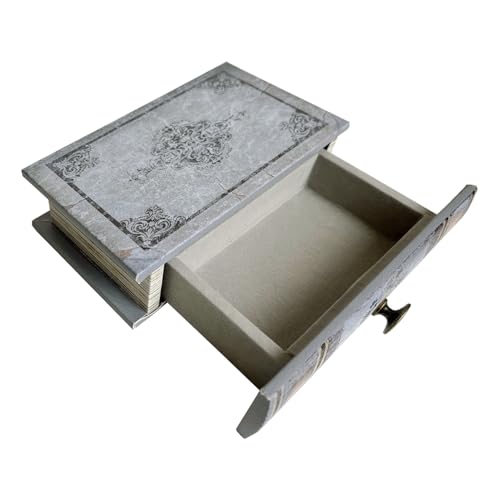 Vintage Book Storage Box with Drawer, Distressed Gray Faux Leather Cover with Ornate Baroque Design, Hidden Organizer for Jewelry or Office Bookshelf Decor 7″ x 5″ x 1.6″ - color: Distressed Gray, size: S