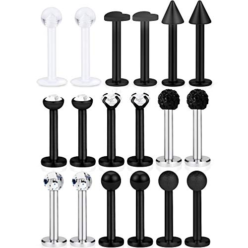 SCERRING 9 Pairs 16g Stainless Steel Clear Cubic Zirconia Labret Monroe Lip Tragus Cartilage Helix Earring Ring Body Piercing Jewelry 8mm - color: 9 Pairs - Black