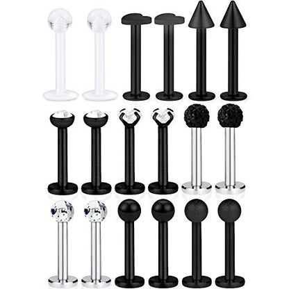 SCERRING 9 Pairs 16g Stainless Steel Clear Cubic Zirconia Labret Monroe Lip Tragus Cartilage Helix Earring Ring Body Piercing Jewelry 8mm - color: 9 Pairs - Black