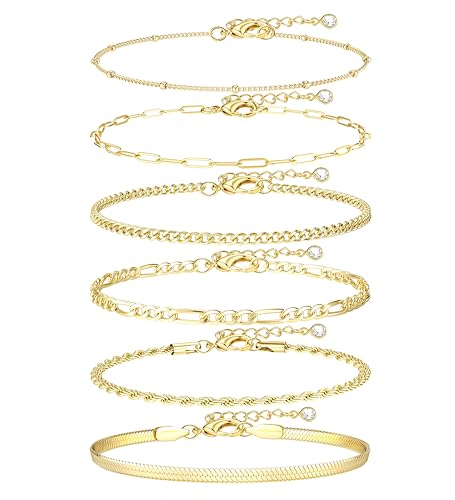 Besteel Ankle Bracelets for Women Waterproof 14K Gold Plated Anklets Set | Non Tarnish Stainless Steel, Plus Size Adjustable 8-12 Inch, Hypoallergenic Layered Cuban Link Chain Summer Foot Jewelry Gift - style: 6 Pcs Gold Cuban-8.5+2.5 Inch