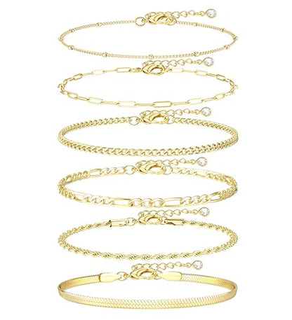 Besteel Ankle Bracelets for Women Waterproof 14K Gold Plated Anklets Set | Non Tarnish Stainless Steel, Plus Size Adjustable 8-12 Inch, Hypoallergenic Layered Cuban Link Chain Summer Foot Jewelry Gift - style: 6 Pcs Gold Cuban-8.5+2.5 Inch
