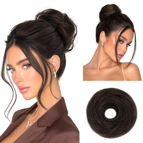 RUWISS 100% Human Hair Bun Small Messy Bun Hair Piece, One Hairpiece Two Styles Mini Natural Looking Scrunchies Updo for Daily, Hair Buns for Hair Women (Dark Brown with 15% Dark Cocoa Blonde) - color: 2/4# Dark Brown with 15% Dark Cocoa Blonde