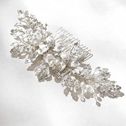 SWEETV Handmade Wedding Hair Comb Clip Rhinestone Bridal Hair Comb Piece, Hair Accessories for Brides Wedding, Silver - color: 2.Silver