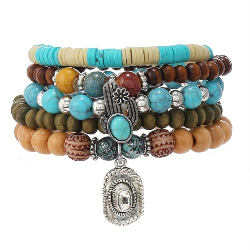 LOTSOF Western Turquoise Beaded Bracelet, Chic Stack Beaded Western Style for Country Concerts, Cowgirl Outfits & Boho Jewelry - color: A set of five hats