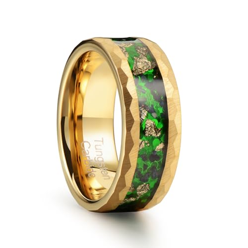 8mm Men's Tungsten Carbide Ring Gold/Black Hammered Meteorite Shavings Gold Foil Inlay Galaxy Nebula Green Opal Engagement Wedding Ring Matte Finish Comfortable Fit - color: 8mm Tungsten Gold Green Opal
