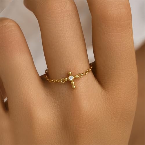 925 Sterling Silver Adjustable Link Chain Rings for Women Daughter | Dainty 14k Gold Plated Evil Eye/Cross/Flower Ring Sparkly Twist Rope with Bead Dangle Stackable Ring Jewelry Birthday Gifts - color: Style 8-Gold