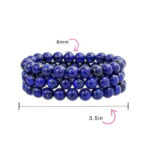 Bling Jewelry Unisex Stackable Set Of 3 Gemstone Round Bead 8MM Stretch Bracelet For Women Teen Men Multi Strand Stacking Adjustable - color: Blue Lapis