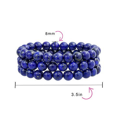 Bling Jewelry Unisex Stackable Set Of 3 Gemstone Round Bead 8MM Stretch Bracelet For Women Teen Men Multi Strand Stacking Adjustable - color: Blue Lapis