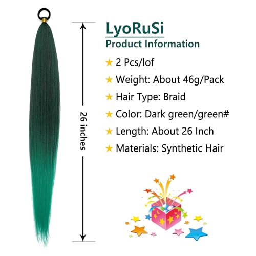 2 Pc Braid Ponytail Extension with Hair Tie Green Gradient Braid Extensions | LyoRuSi 26 Inch Long Braided Extensions, Straight Sleek Wrap Around Braid Hair Extensions Ponytail (Dark green/green) - color: Green gradient#（Dark green/green）, size: 26 Inch（P