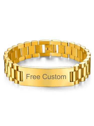 ChainsHouse Men Stainless Steel Bracelet Adjustable Custom ID Engraved Gift | Personalized Silver/Gold/Black for Birthday Father Husband Boyfriend with Gift Box Adjustable Tool 10mm/15mm/15.5mm 8.3"/8.7" - color: L.15mm Width-Gold-Text Custom