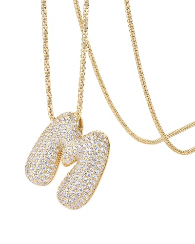 PAVOI 14K Gold Plated Cubic Zirconia Bubble Letter Initial Necklaces for Women | Gold Balloon Necklace Letter | Chunky Pendant Necklaces - style: -M