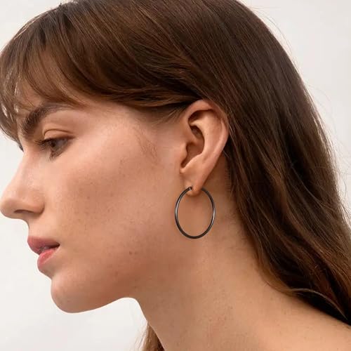 Gold Hoop Earrings for Women 14K Gold Plated | 925 Sterling Silver Post Hypoallergenic Hoop Earrings - color: Black, size: 40mm