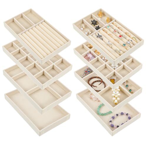 8 Pack Velvet Jewelry Trays Stackable Jewelry Organizer Tray Inserts for Drawer Beige Jewelrys Storage and Display Case for Necklaces Rings Earrings Bracelets