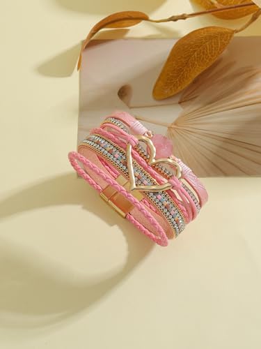 Multilayer Faux Leather Wrap Bracelet with Open Heart Charm Bohemian Stackable Crystal Clasp Bracelet for Women Birthday Gift - color: Pink